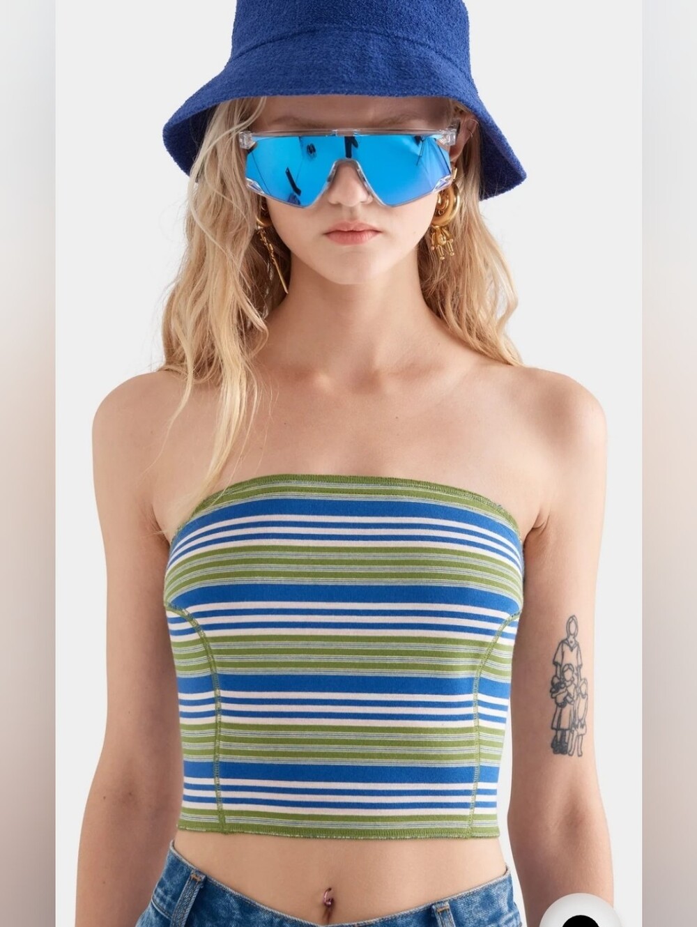 NWT Venroy Strapless Jersey Bustier Striped Tube Top - Blue & Green. Small